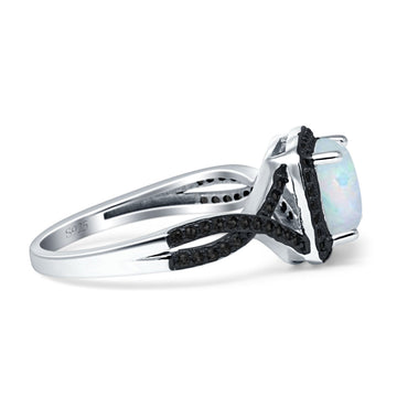 Halo Cushion Infinity Twist Side Stone Black CZ Fashion Ring Lab Created White Opal 925 Sterling Silver Wholesale